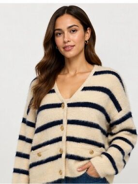 Christian Lacroix Fuzzy Striped V-Neck Cardigan Cream Navy Gold Buttons XS